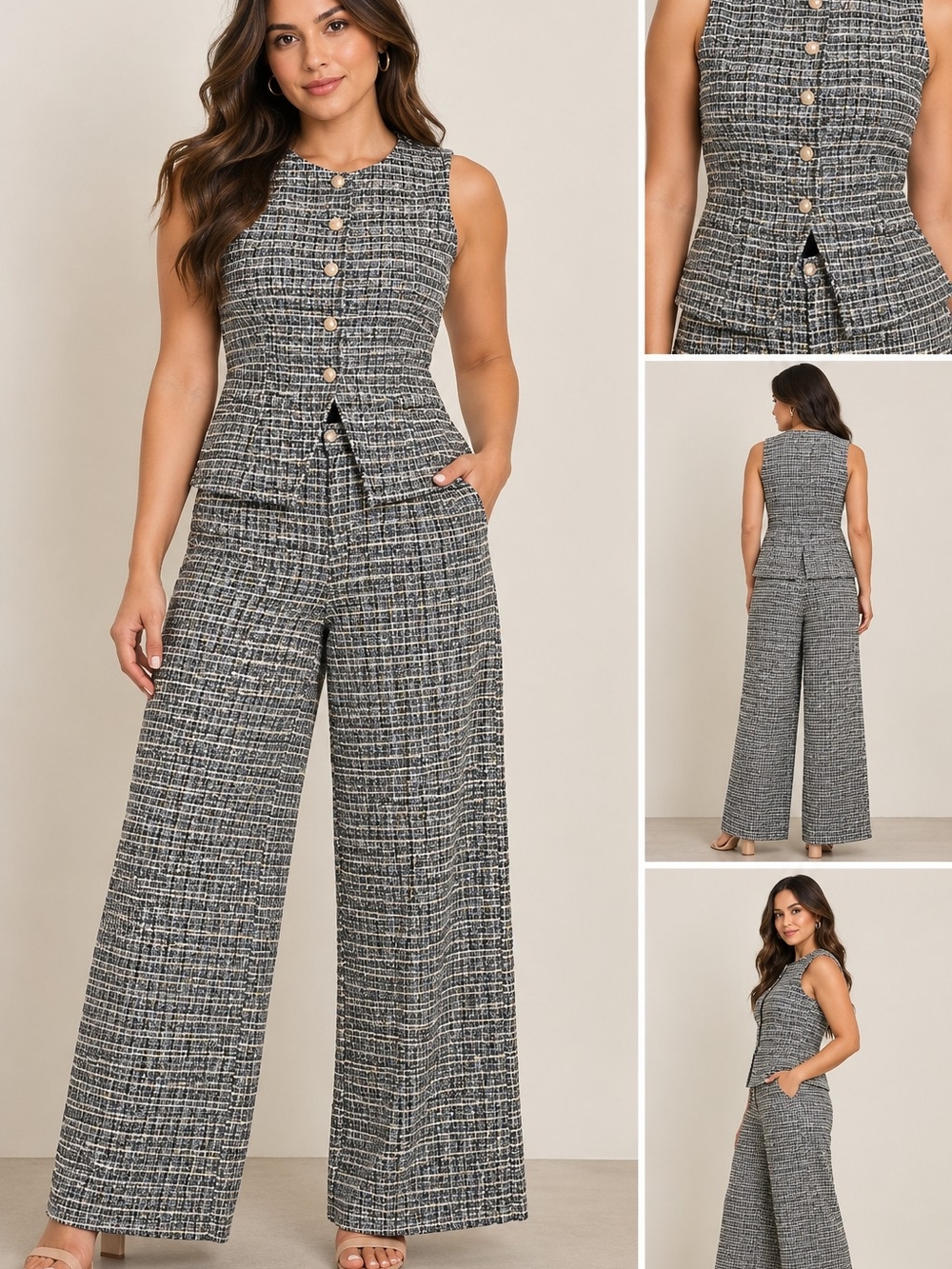 Sugarlips Black & White Tweed Sleeveless Wide-Leg Jumpsuit Set